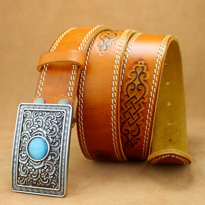 男士草原风蒙古元素腰带头层黄牛皮腰带个性民族风花纹裤带板扣头