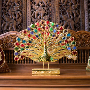 泰国木雕工艺品金色孔雀玄关客厅装饰品家居摆设开业礼品招财摆件