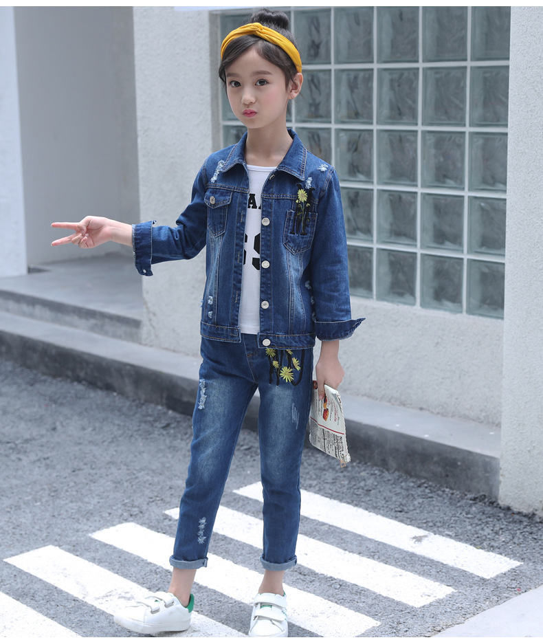 2018新款韩版童装牛仔春秋装休闲女童中大童小女孩牛仔两件套装潮
