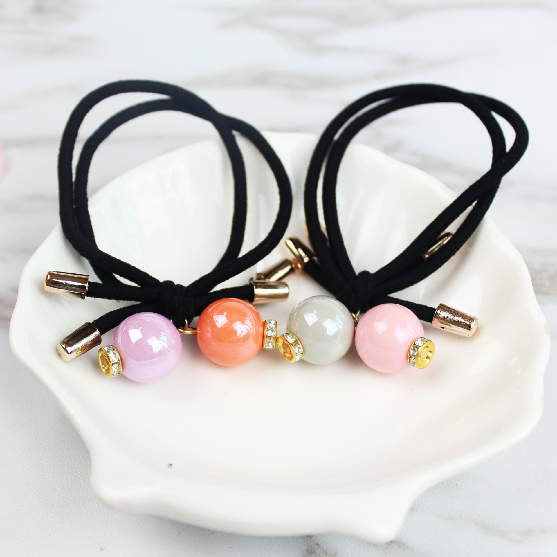 厂家批发2元店饰品韩版发饰头饰2018新款双线亮彩圆球皮筋发圈