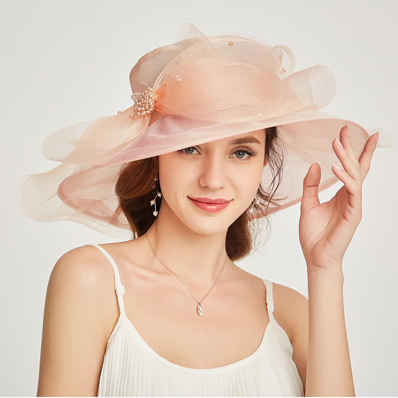 European and American Fashion Cool Organza Flat-Top Cap Women's Curling Embroidery Broad-Brimmed Hat Spring/Summer Sun Hat with Wide Brim
