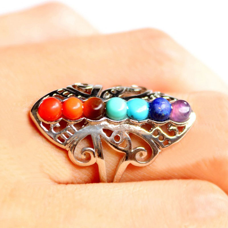 【本涛出品】优惠供应潮流饰品开口可调节镂空天然宝石七脉轮戒指