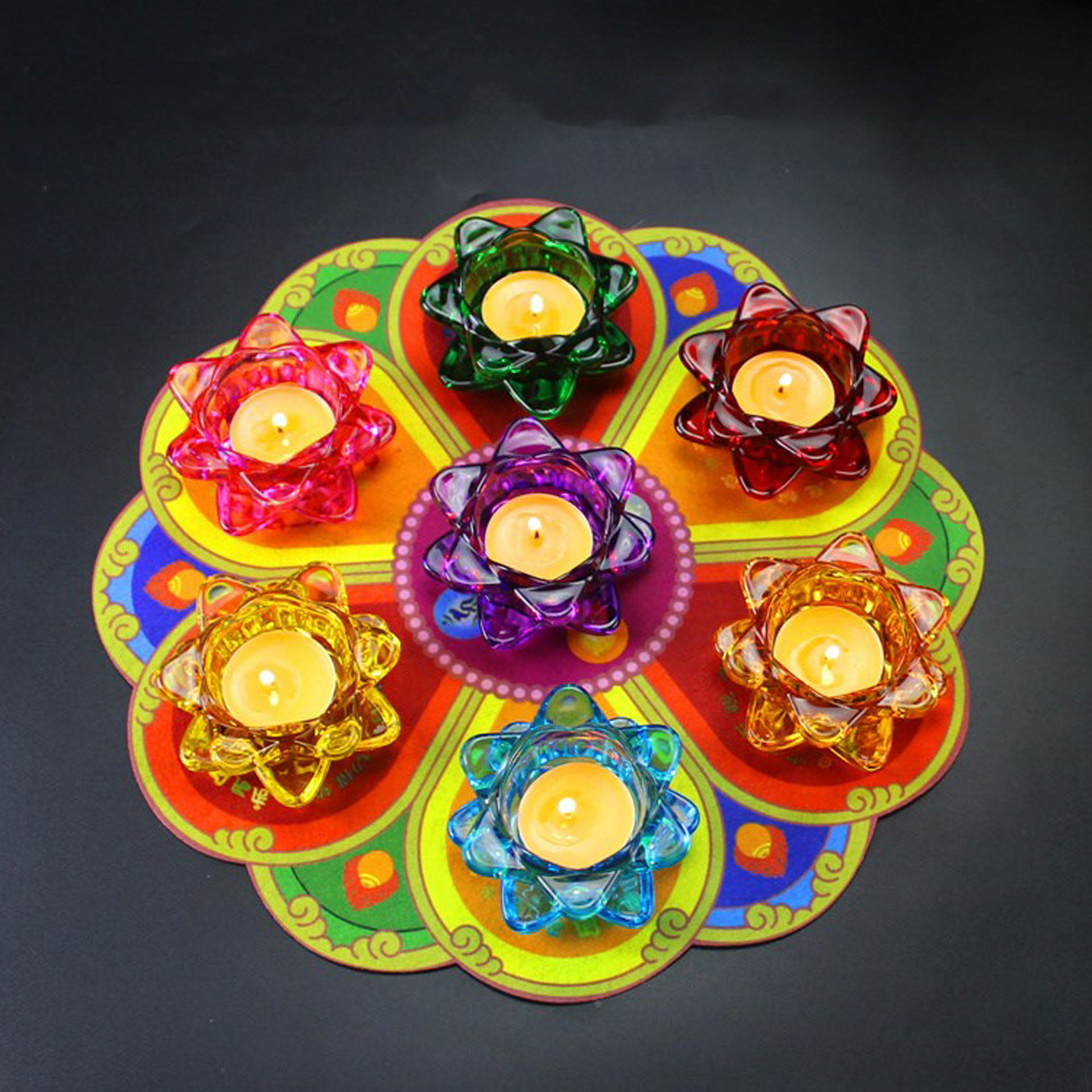 佛教用品七彩琉璃莲花酥油灯座 七星灯底座供佛长明灯水晶蜡烛座