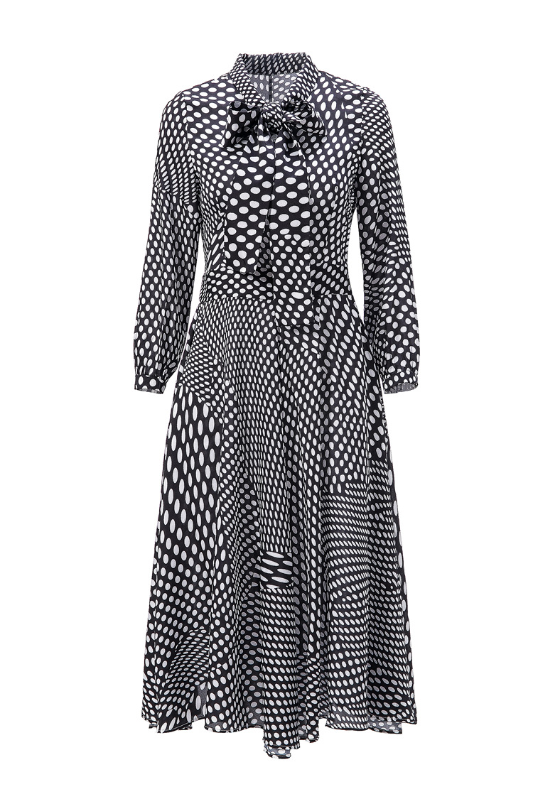 收腰女装2018春夏新款中长裙黑白波点印花连衣裙a型五分袖大摆裙