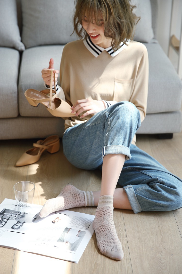 3802外贸镂空银丝横条短袜时尚日系袜子女批发2018春夏季袜子新品