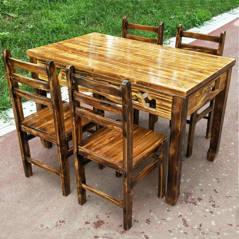实木餐桌椅组合仿古火烧木快餐桌柏木八仙桌食堂餐馆碳化木餐桌椅