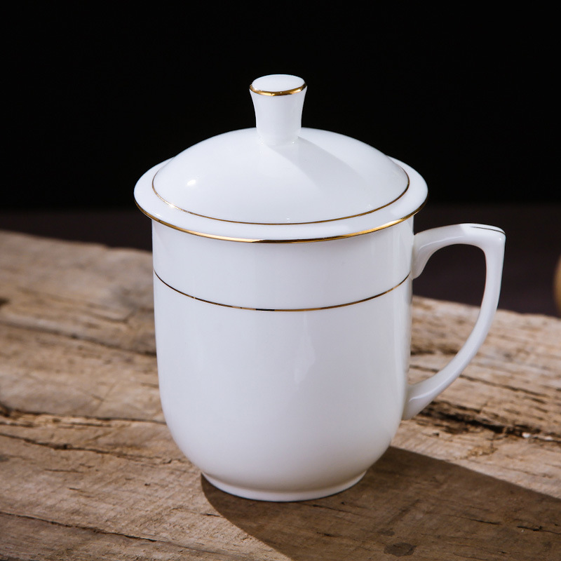 景德镇描金边陶瓷办公会议茶杯碟子套装骨质瓷水杯子定制礼品瓷杯