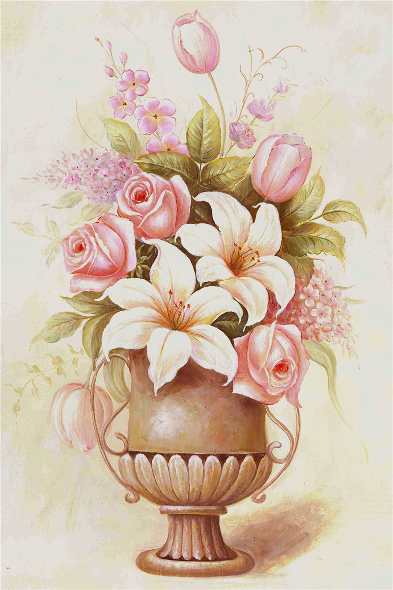 欧式复古简约手绘孔雀花瓶花卉装饰画素材美式客厅餐厅三联画