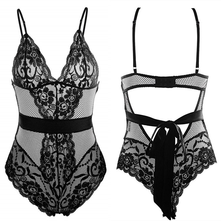 欧美桃涩尤人大露背镂空绑带性感吊带连体情趣内衣蕾丝拼接菱形网