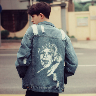 2018爱因斯坦调皮吐舌头宽松磨破情侣牛仔外套