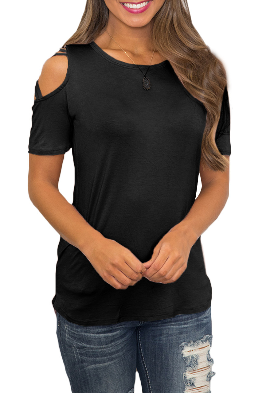 欧美wish亚马逊新款跨境外贸女装纯色破洞肩系带t恤女现货多色