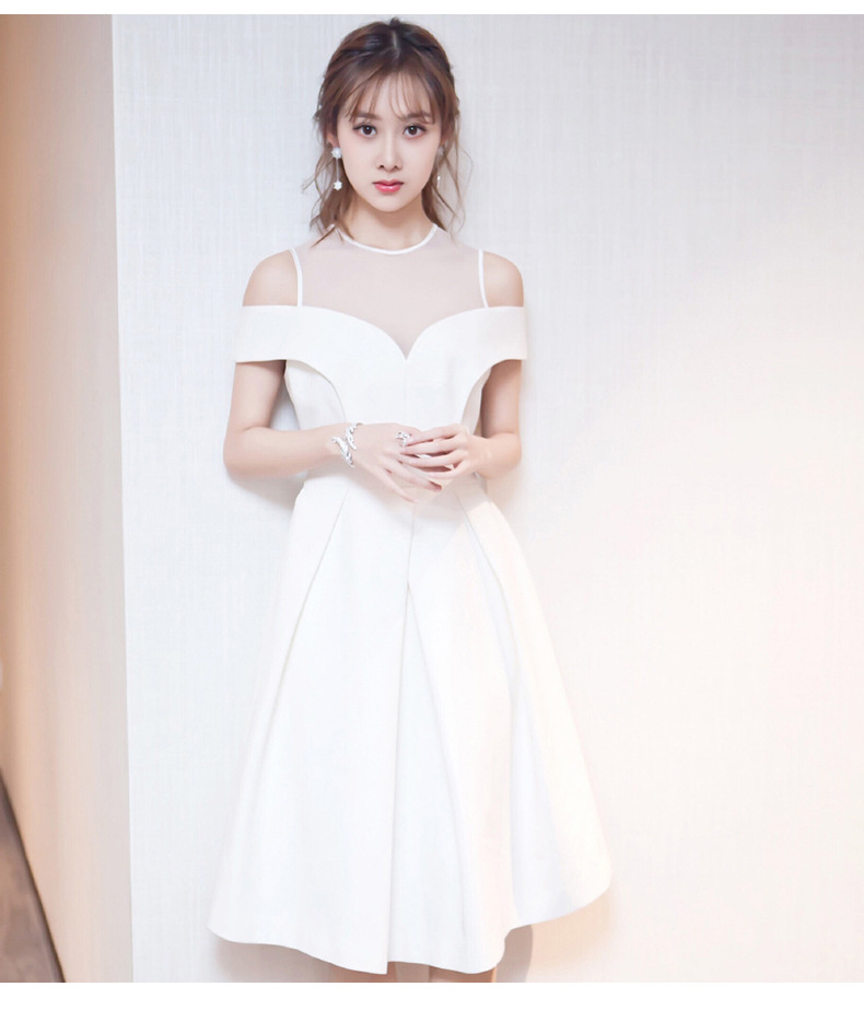 白色礼服裙女2019新款一字肩秋季短款洋装小礼服连衣裙端庄大气