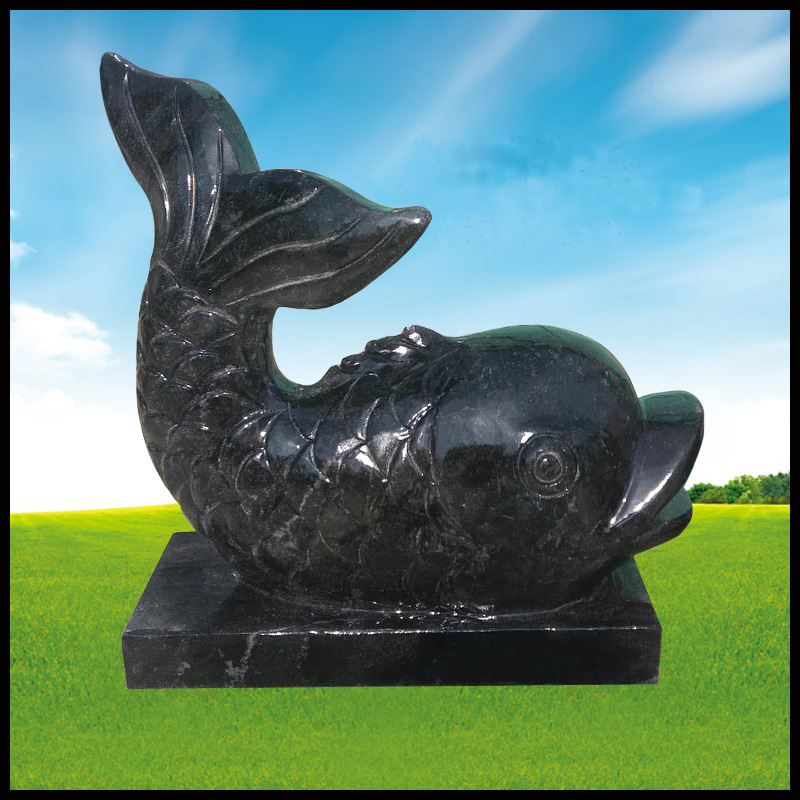 石雕喷水鱼 晚霞红喷水鱼多种公园庭院石材喷泉风水球摆件喷水鱼