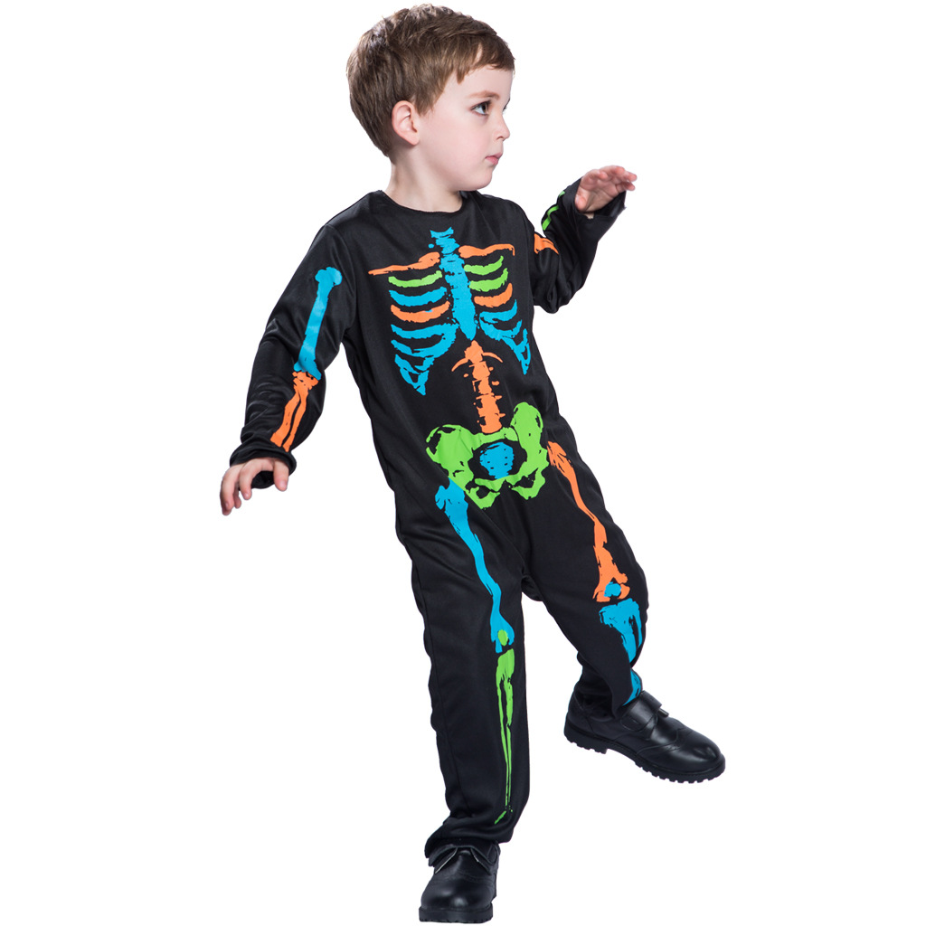 Halloween Costume Neutral Children's Colorful Skull Skeleton Jumpsuit Theme Party Campus Activity Play Costume