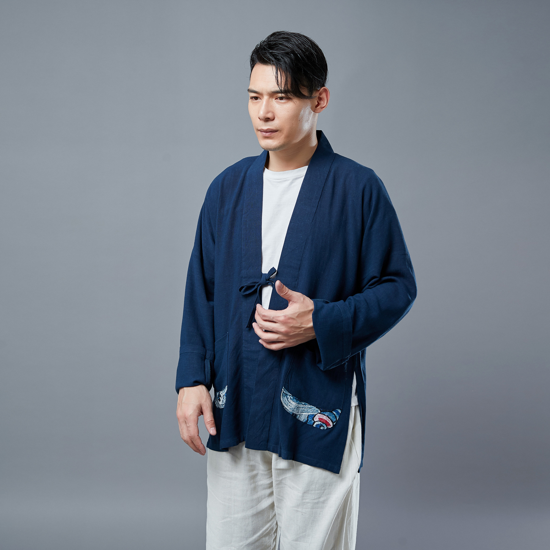 新款中式唐装汉服夏装男亚麻v领长袖休闲民族风汉服衬衫批发