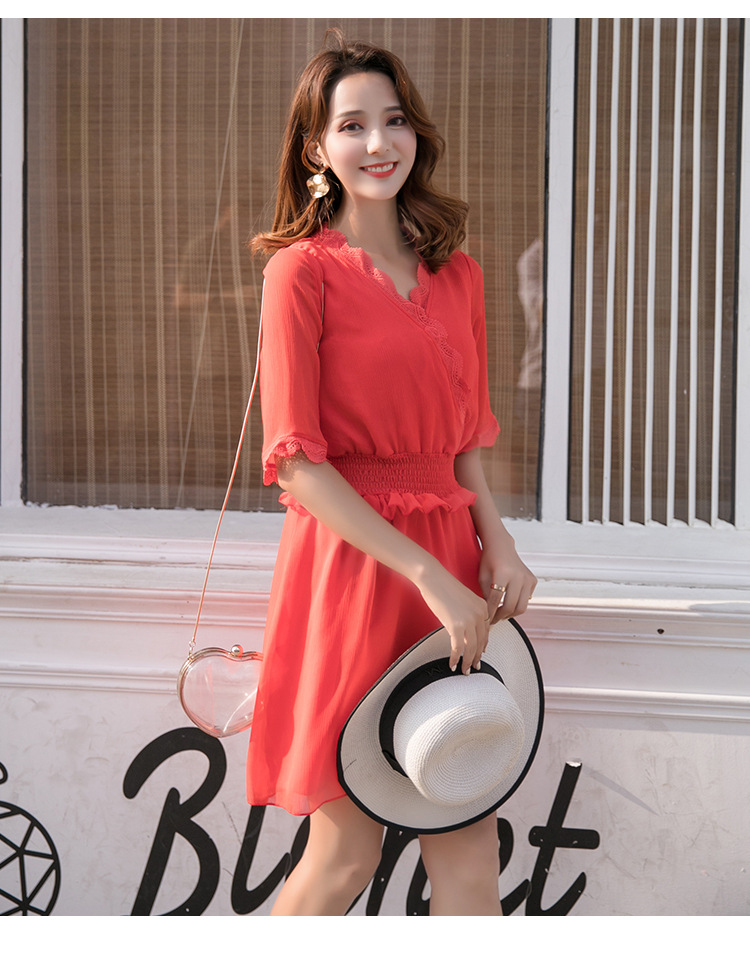 橘红色裙子2018夏季新款女装中长款韩版收腰显瘦雪纺连衣裙