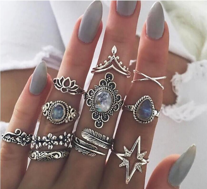 Europe and America Cross Border New Arrival Vintage Engraving Diamond Starry Gem Leaves Butterfly Eleven-Piece Set Set Rings