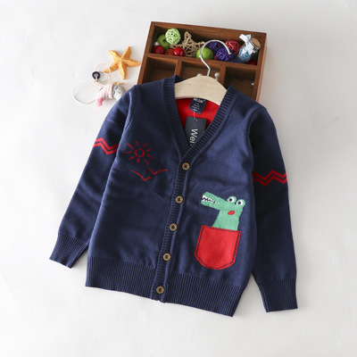 男童口袋小恐龙针织衫 儿童秋冬新款纯棉开衫 童装宝宝v领毛衣