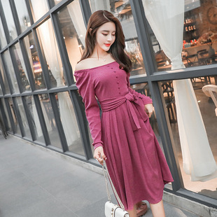 木耳边露锁骨方领长袖连衣裙 秋季新款收腰绑带仙女气质中长裙