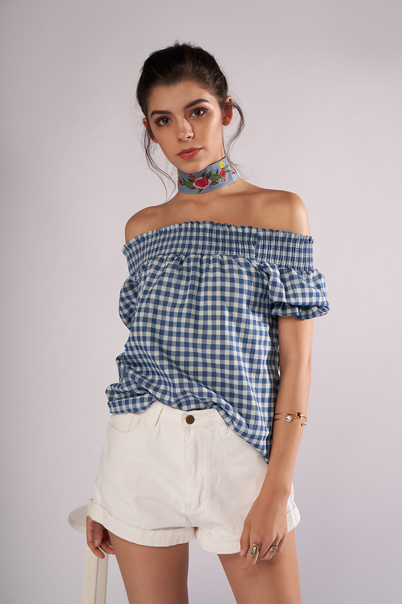 欧美外贸新款 性感一字领短袖格子露肩包袖t恤