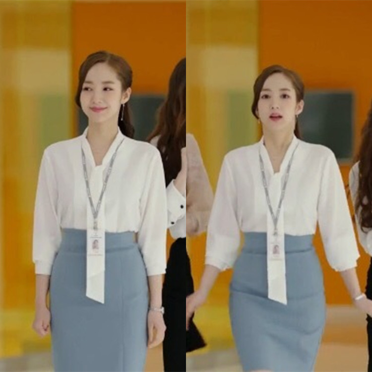 2018夏季新款金秘书朴敏英明星同款飘带修身衬衫包臀a字裙套装女