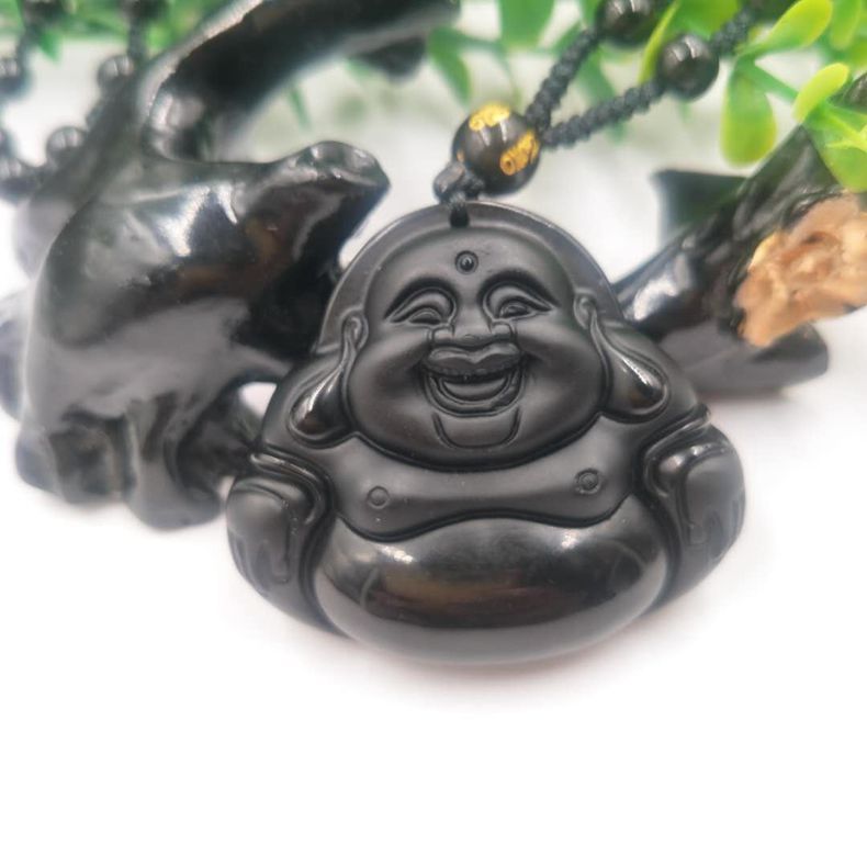 供应天然珠宝首饰黑曜石玉佛吊坠大肚弥勒佛 笑佛挂件批发