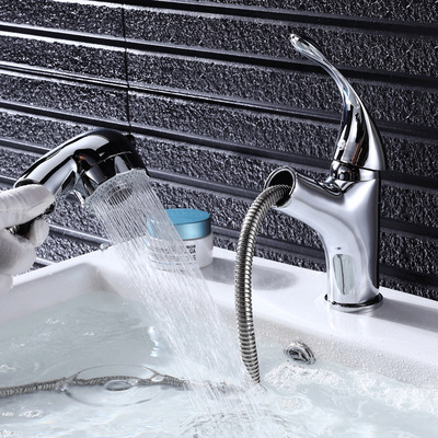 可抽拉式面盆水龙头 铬色洗手脸盆洗头冷热水龙头带花洒洗头伸缩