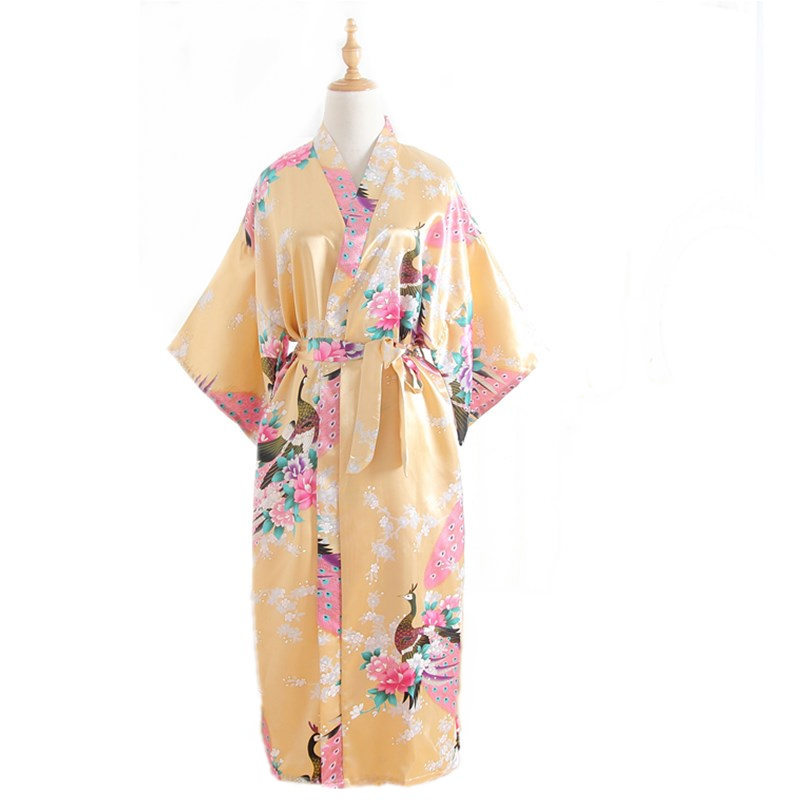 Foreign Trade Cross-Border Peacock Long Free Size Nightgown Artificial Silk Summer Single Japanese Kimono Open Robe