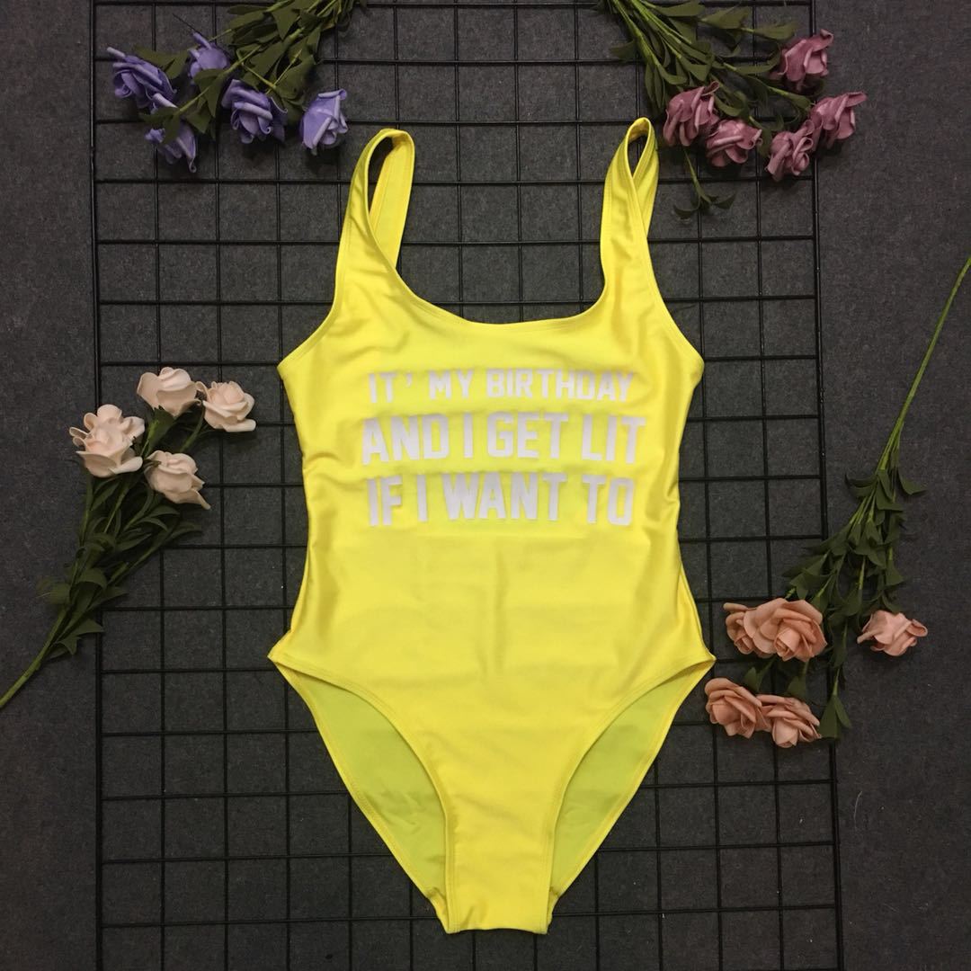 字母连体泳衣its my birthday字母 出口欧美性感露背连体泳装