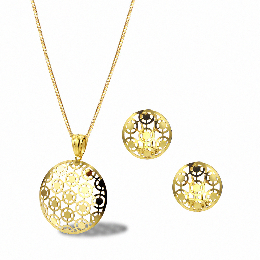 简约镂空圆形18k金气质女款套装首饰钛钢几何毛衣链耳钉时尚配饰