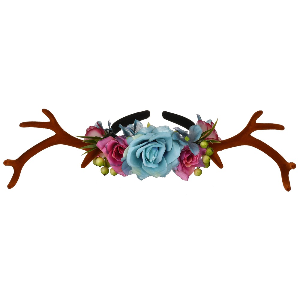 欧美仿真鹿角花朵玫瑰浆果发夹边夹森系拍照写真发饰儿童圣诞头饰