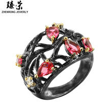 臻荣亚马逊创意黑金分色戒指女 欧美镶钻红宝石水滴梨形镂空指环