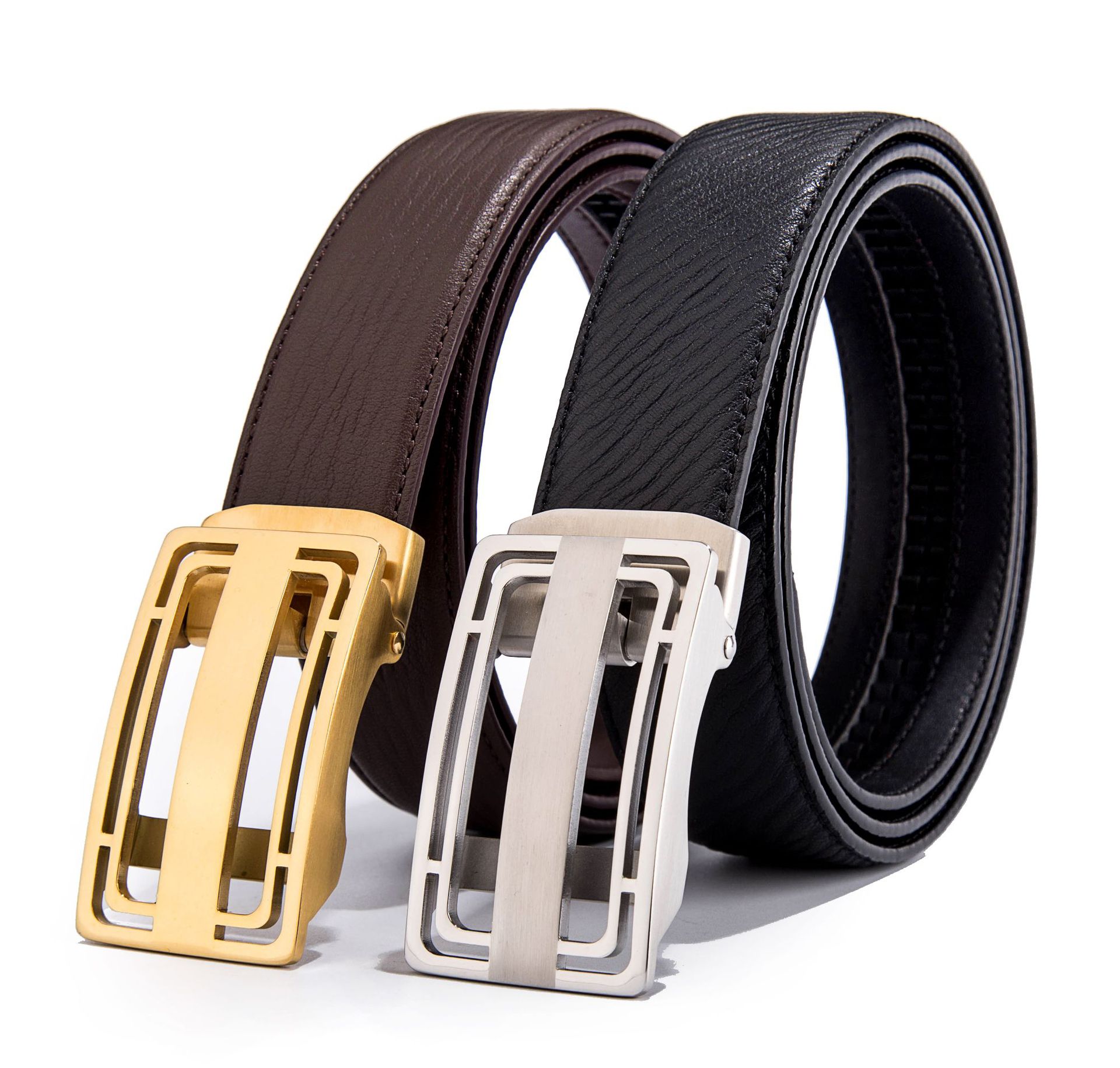 男士不锈钢扣头真皮腰带 原版水波纹进口头层牛皮自动扣皮带