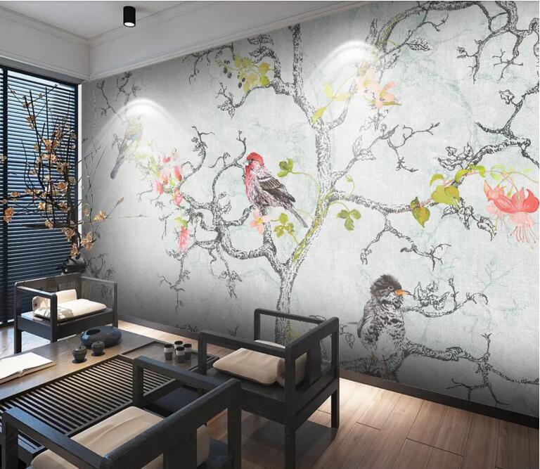 中式墙画工笔花鸟手绘壁布 客厅电视背景墙壁画定制环保无缝墙布