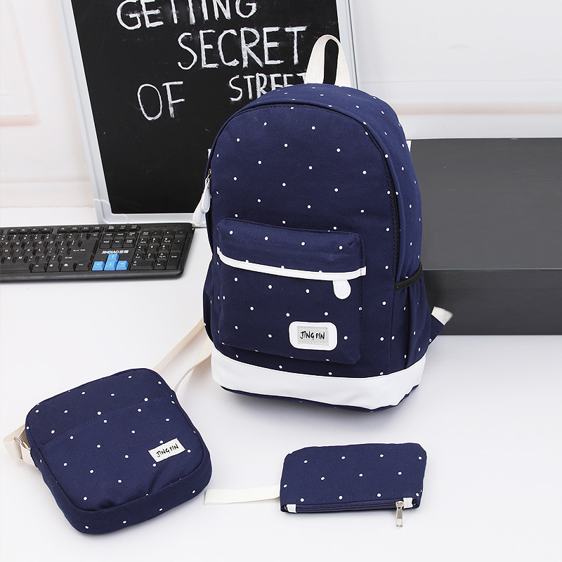 Canvas Casual Backpack Three-Piece Women's Bag Small Fresh Large Capacity Student School bag Polka Dot Backpack