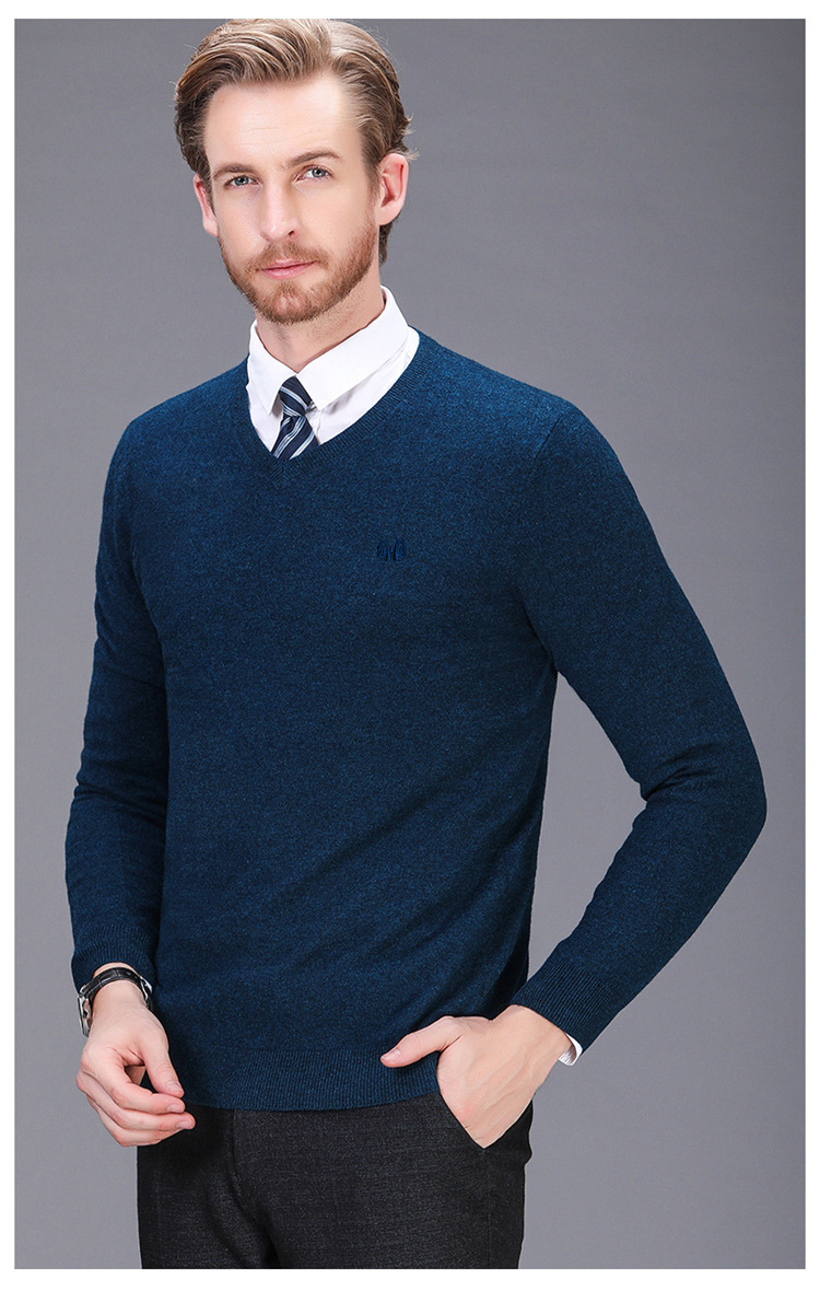 恒源祥羊绒衫男士v领纯山羊绒针织衫秋冬新款中年鸡心领毛衣男装