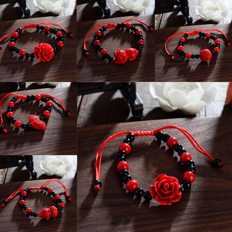 Cinnabar Red Lacquer Carving Rose Bracelet Wholesale Hand Strap Can Extend Ethnic Style Female Temple Fair Gift Store Celebration