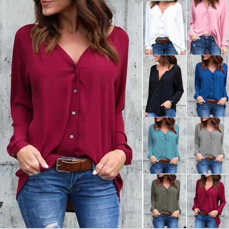Factory Direct Sales 2018 Spring Popular V-neck Pleated Button Long Sleeve Loose Chiffon Shirt 8 Colors Size 8
