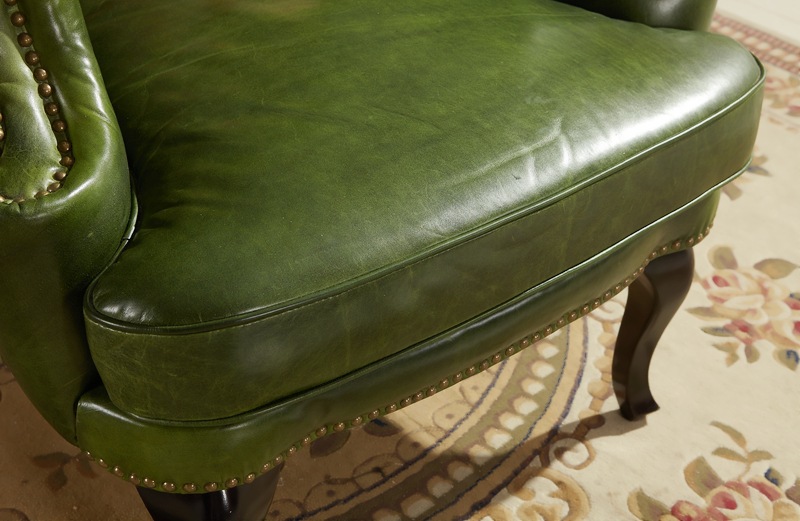 老虎椅美式乡村沙发样板房单人书房沙发椅酒店客厅皮艺沙发墨绿色