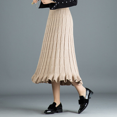 麻花针织半身裙女秋冬2018新款高腰复古毛线百褶裙中长款大摆裙子