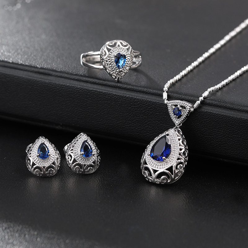 欧美首饰三件套装 水滴形吊坠耳环戒指创意组合套装女 一套首饰