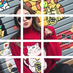 韩版百搭短款显瘦可爱少女心招财猫套头高领红色毛衣女冬