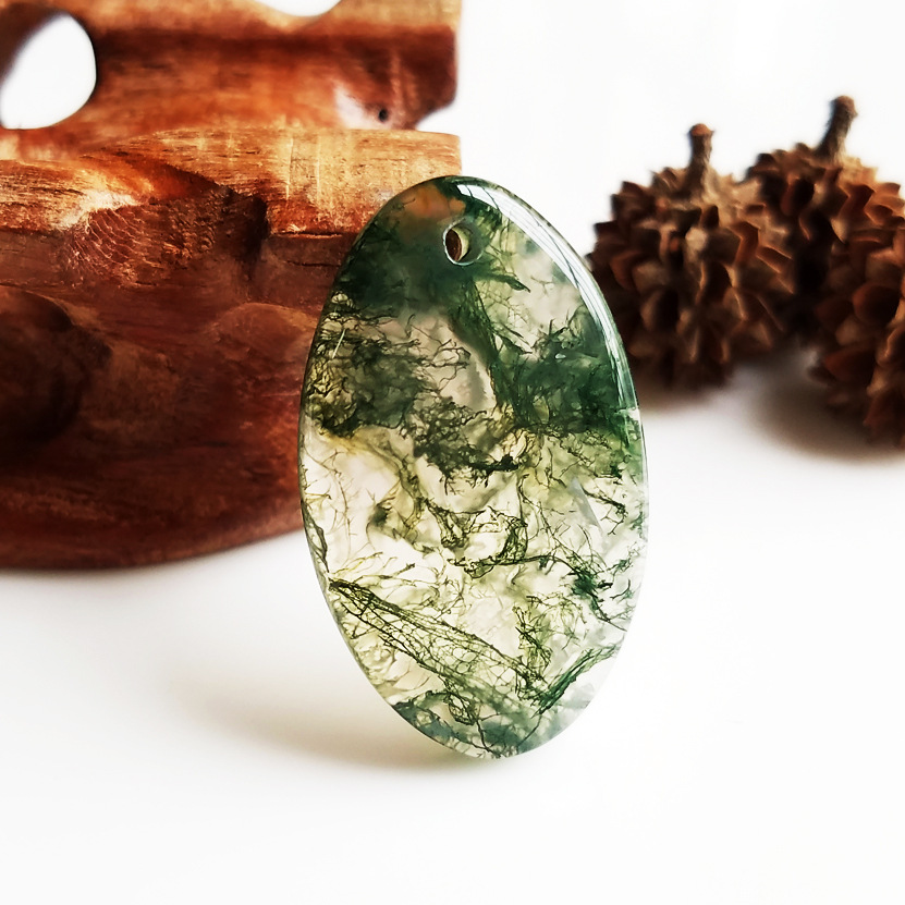 沛孚珠宝 印度天然绿水草玛瑙吊坠海洋玉髓椭圆牌坠子小额批发7