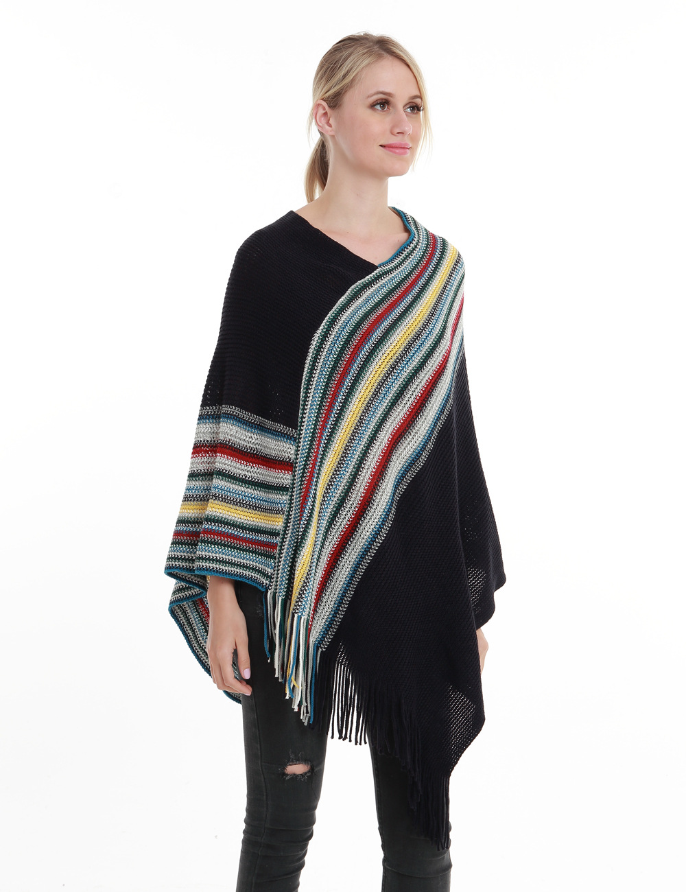 欧美大码女装春季新款时尚斗篷宽松大码波浪纹流苏斗篷披肩现货