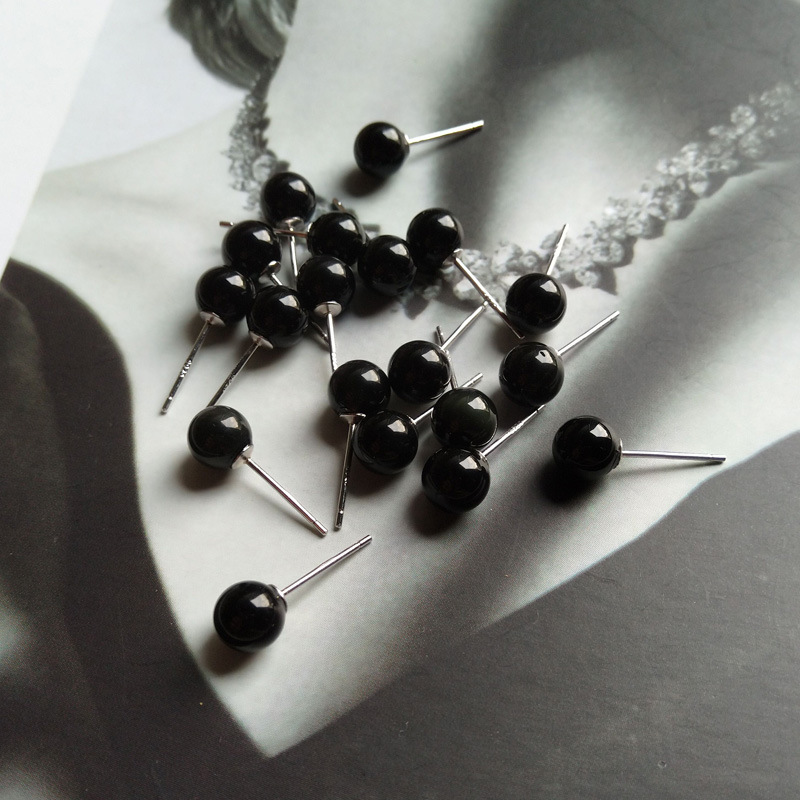 瑞银晶 黑曜石耳钉 s925纯银黑耀圆珠黑色耳钉简单时尚可爱耳饰品