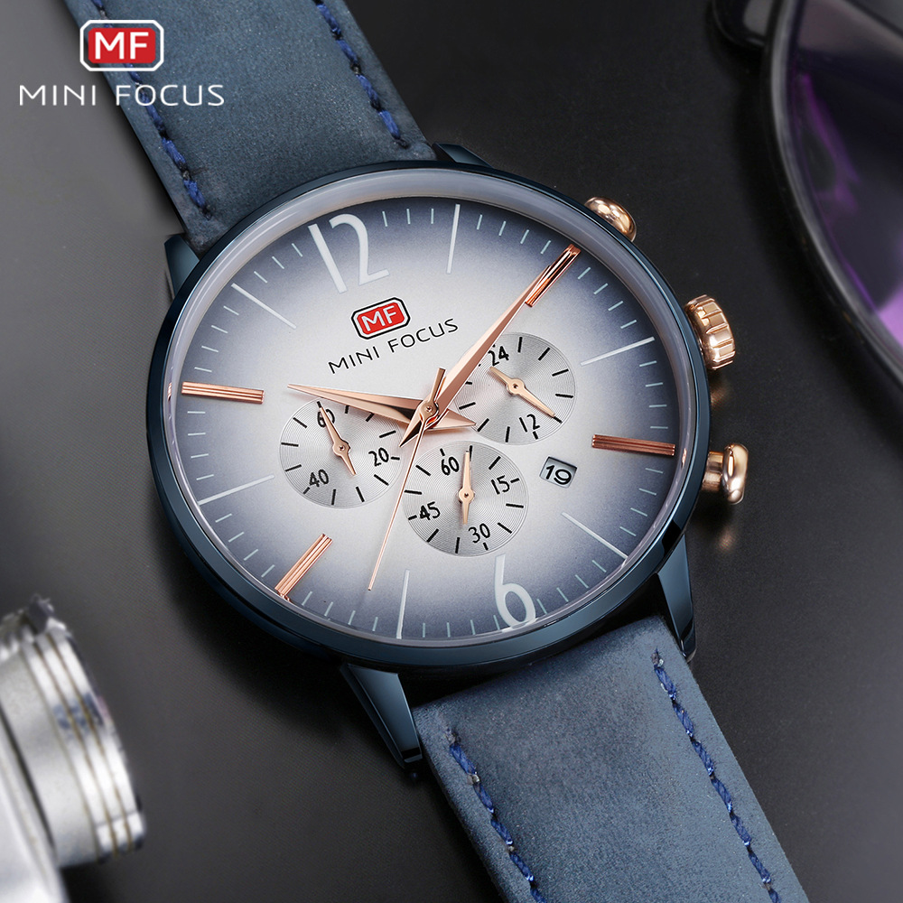 minifocus福克斯 mf0114g男士石英表指针日期显示休闲水皮带表