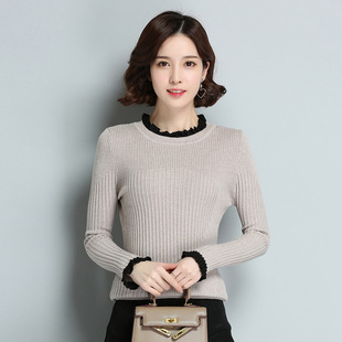 2018春装新款女装小清新女式针织衫木耳边修身毛衣女圆领打底衫