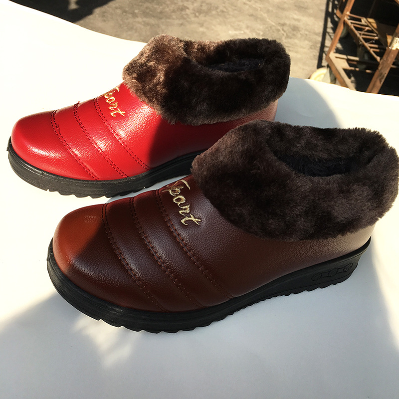 2018年冬季新款女窝窝棉鞋 中老年pu妈妈鞋 休闲运动棉靴厂家直销