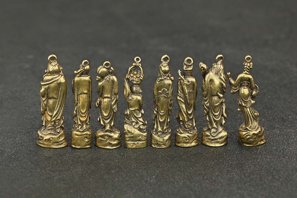 古玩铜器纯铜小号八仙过海挂坠实心精铸造铜像复古黄铜钥匙扣挂件
