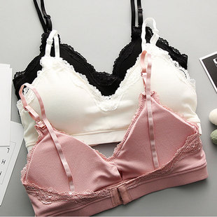 新款螺纹针织蕾丝睡眠内衣棉舒适亲肤无钢圈内衣抹胸内裤文胸套装